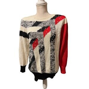 VTG 60s 70s Lilly Of California White Red Pearl Embellished Long Sleeve Sweater